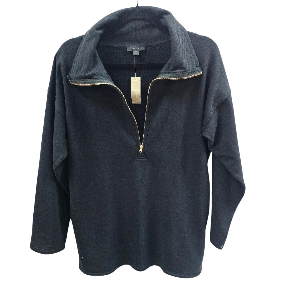 NWT J.Crew Women XS Black Cotton French Terry Half-Zip Sweatshirt
